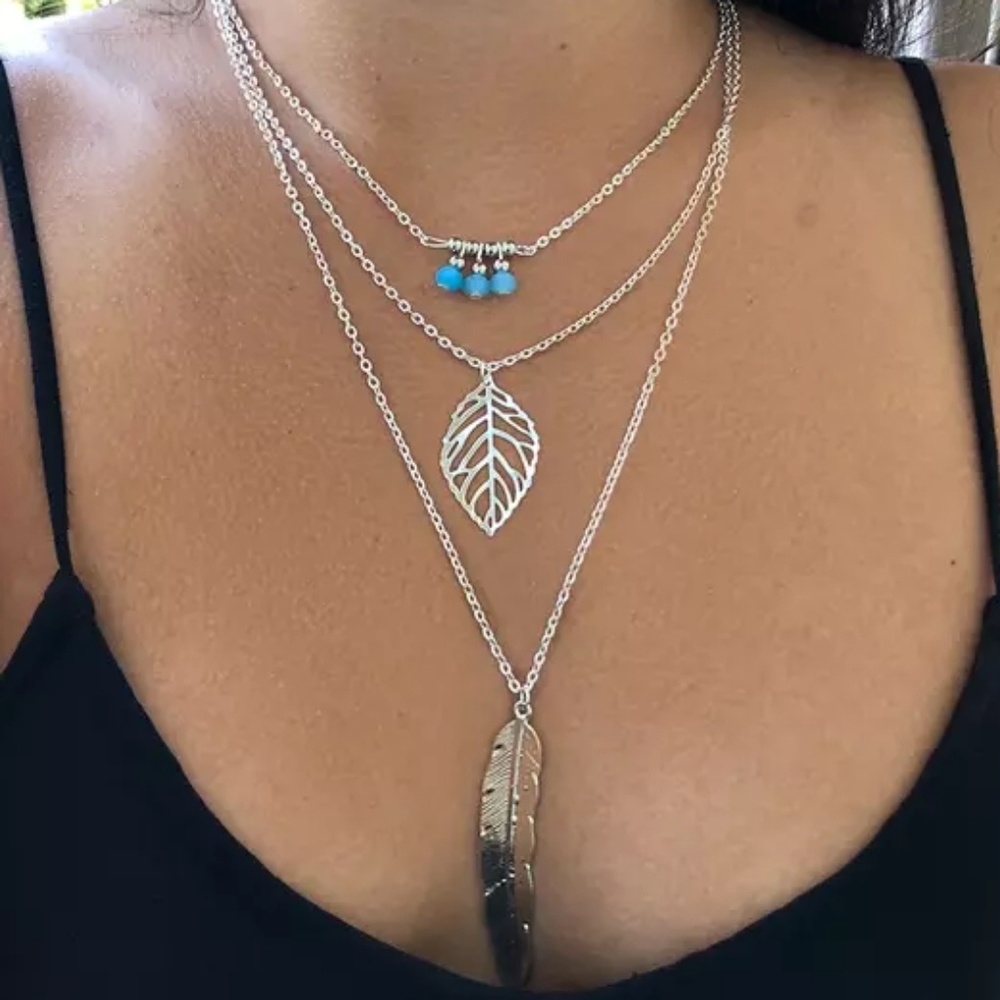 Silver Feather Boho Layered Strand Necklace - Picture 1 of 8